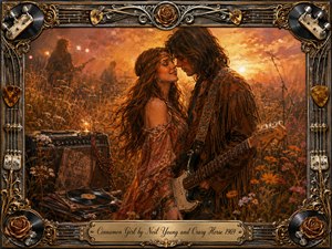 A romantic hippie couple leans close in a wildflower field at glowing sunset, surrounded by vintage guitars, amplifiers, vinyl records, and hazy musicians. Warm cinnamon, amber, rust, and gold tones create a nostalgic mood. Painterly oil, acrylic, and watercolor textures blend with an ornate music-themed metallic frame and engraved title plate.