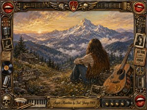 A solitary young woman rests beside a weathered acoustic guitar, gazing across a vast snow-capped mountain valley at sunrise. Warm gold, amber, blue, and earthy tones create a nostalgic, reflective mood. Rich painterly textures, wildflowers, a rustic cabin, vintage photographs, records, instruments, and ornate metallic framing evoke cherished musical memories.