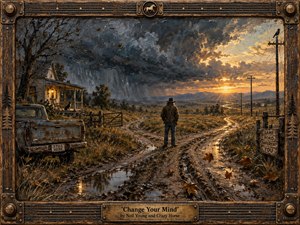 A solitary figure stands at a muddy rural crossroads beneath a storm-darkened sky breaking into golden sunset. A weathered farmhouse, old pickup, bare tree, fences, and telephone poles frame the scene. Rich browns, slate blues, and amber light create a reflective, uncertain mood, rendered in textured, handcrafted painterly detail.