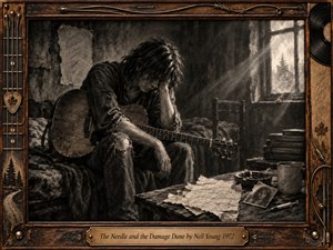 A solitary musician sits hunched over an acoustic guitar in a dim, decaying room, surrounded by scattered papers, a faded photograph, and a subtle syringe. Deep charcoal textures, sepia-brown wood, and soft window light create a mournful, intimate mood, framed by weathered musical details and an engraved brass title plate.