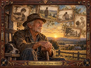An elderly farmer rests beside his loyal dog on a weathered porch, gazing across a golden countryside at sunset. Faded photographs of youth, love, family, and home drift above him like memories. Warm amber, brown, and blue tones, painterly textures, and an ornate musical frame create a tender, reflective atmosphere.