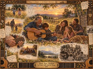 A warm, nostalgic family scene unfolds in a sunlit country meadow, where an older man teaches a child to play acoustic guitar as relatives watch lovingly nearby. Golden sunset light, wildflowers, distant hills, faded memory vignettes, handwritten notes, and sepia photographs blend in a richly textured oil, acrylic, and watercolor collage framed with musical details.