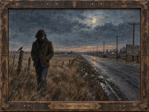 A solitary man walks beside a wet rural road beneath a cold, clouded moon, surrounded by windblown grass, telephone poles, crows, and distant amber lights. Muted blue-gray, brown, and ochre tones create a brooding mood, while textured oil-and-graphite brushwork and a weathered guitar-inspired wooden frame reinforce the handcrafted, introspective atmosphere.
