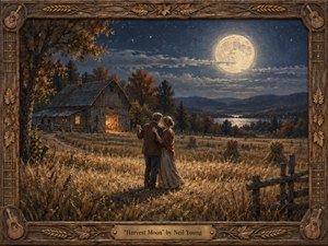 A mature couple dances quietly in a moonlit autumn field beside a weathered barn, surrounded by golden grasses, distant hills, and shimmering water. Rich oil-paint textures, deep blue skies, warm amber light, and a glowing harvest moon create a tender, nostalgic atmosphere, framed by carved wood, wheat motifs, and guitars.