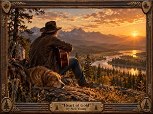A solitary guitarist and golden retriever rest on a rocky overlook above a winding river, pine forests, and distant mountains at sunset. Warm amber light fills the scene with quiet nostalgia and reflection. Rich photographic realism, weathered textures, and a carved wooden guitar-themed frame reinforce the rustic, heartfelt folk atmosphere.