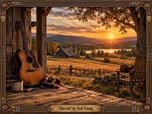 A weathered acoustic guitar rests on a rustic porch overlooking golden fields, a barn, distant hills, and a glowing sunset reflected on calm water. Warm amber light, autumn foliage, rough timber, and vintage objects create a nostalgic, contemplative mood. An ornate wood-and-metal musical frame completes the handcrafted Americana composition.