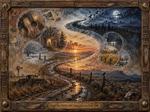 A winding country road flows through changing seasons beneath a dramatic twilight sky, linking weathered farmland, distant mountains, and softly fading memories. Warm amber sunset contrasts with deep blue moonlight, while translucent scenes emerge along the curve. Richly textured, painterly surfaces and rustic guitar-inspired framing create a reflective, restless, nostalgic mood.