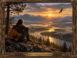A solitary guitarist sits on a rocky overlook above a winding river and misty mountain valley at sunset. Warm gold light contrasts with cool distant peaks, creating a reflective, bittersweet mood. Photorealistic detail, autumn forests, dramatic clouds, and a soaring eagle are enclosed by a weathered carved wooden frame and brass title plate.