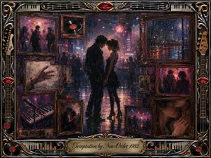 A silhouetted couple stands intimately in a rain-soaked neon nightclub, surrounded by nostalgic rosewood-framed memories of dancing, city lights, records, keyboards, and embraces. Deep burgundy, blue, violet, and gold tones glow through textured painterly layers. An ornate chrome-and-gold musical frame, red lips, instruments, vinyl records, and engraved title plate complete the romantic, wistful composition.