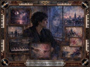 A solitary figure gazes through a rain-streaked window toward a glowing twilight city, surrounded by fading framed memories of music, distant figures, roses, and reaching hands. Muted blues, charcoal blacks, dusty pinks, and warm gold accents create a reflective melancholy. Layered painterly textures, vinyl records, keyboards, and ornate rosewood framing deepen the nostalgic atmosphere.