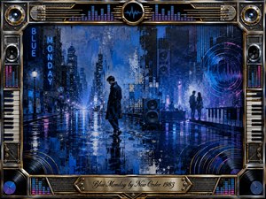 A solitary figure crosses a rain-slicked city at night, surrounded by glowing blue neon, shadowy towers, distant silhouettes, and pulsing sound-wave motifs. Deep cobalt, violet, black, and metallic gold dominate the dramatic composition. Textured painterly surfaces, reflective pavement, vinyl records, speakers, keyboards, and an ornate music-inspired frame create a melancholic electronic atmosphere.