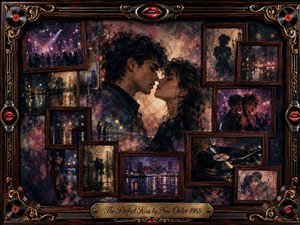 A romantic couple nearly kisses at the center of a richly layered, nostalgic collage framed in dark rosewood, gold filigree, vinyl records, strings, and bright red lips. Rainy city scenes, nightlife memories, silhouettes, and a turntable surround them in moody burgundy, violet, amber, and black, rendered with textured painterly warmth.
