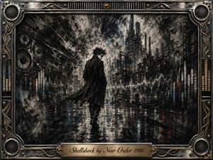 A solitary figure walks through a rain-slick industrial city, surrounded by fractured architecture, speaker cones, equalizer bars, and a glowing soundwave. Deep charcoal textures, smoky blacks, muted steel blue, and faint red accents create a tense, nocturnal mood. An ornate chrome-and-gold mechanical frame reinforces the stark post-punk atmosphere.