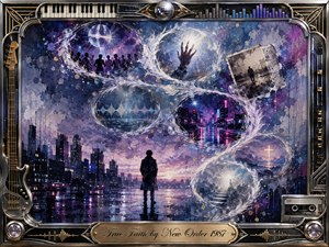 A solitary figure stands beside a rain-slicked futuristic city as luminous memory bubbles spiral overhead, revealing dancers, sound waves, neon streets, fading photographs, and distant symbolic light. Cool blues, violet, silver, and magenta create a reflective, dreamlike mood. Painterly textures blend watercolor and acrylic within an elaborate chrome-and-gold musical frame.