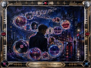 A solitary figure stands in a rain-soaked neon city as glowing memory bubbles spiral around him in a sweeping curve. Deep blues, violet, crimson, and gold create a wistful nocturnal mood. Painterly textures, reflective streets, vinyl records, dancing silhouettes, red lips, and an ornate musical frame reinforce themes of repetition, memory, and longing.