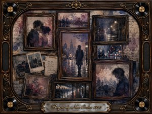 A nostalgic collage of weathered rosewood frames captures solitary figures, rainy city streets, fading romance, flowers, and distant urban lights. Muted blues, charcoal blacks, dusty rose, and warm sepia create a melancholy atmosphere. Soft reflected lighting and painterly textures evoke memory, regret, and longing, surrounded by ornate musical details.