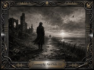 A solitary figure stands on a windswept path between crumbling ruins and a bleak shoreline, facing two distant silhouettes beneath a storm-heavy sky. Deep charcoal blacks, smoky grays, and pale horizon light create a solemn, dreamlike mood. Ornate black, chrome, and gold musical metalwork frames the haunting post-punk scene.