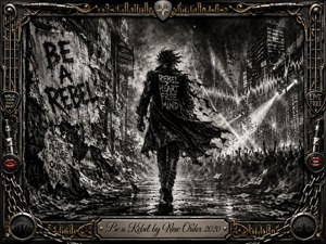 A lone rebel strides through a rain-slicked city toward blazing stage lights and a cheering crowd, surrounded by torn posters, drifting paper, and pulsing sound waves. Deep charcoal textures create a gritty, defiant mood, accented by chrome, gold inlay, and vivid red lips. An ornate music-inspired frame and engraved title plate complete the dramatic composition.