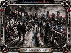 A charcoal-textured elevated city walkway curves through a glowing nighttime skyline as shadowed figures stroll, pause, and gaze across the urban view. Smoky blacks and grays contrast with electric blue and muted pink highlights. An ornate chrome-and-gold musical frame features vinyl records, piano keys, cables, red lips, and an engraved title plate.