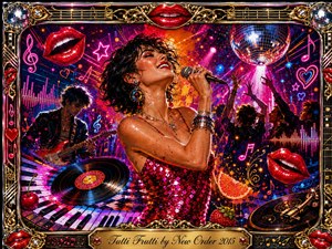 A glamorous singer performs amid a neon-lit disco celebration, framed by ornate chrome and gold filigree. Vivid reds, magentas, oranges, and electric blues surround vinyl records, piano keys, fruit, musical symbols, and dancing silhouettes. Sparkling stage lights and a mirrored disco ball create a joyful, sensual, retro-pop atmosphere.