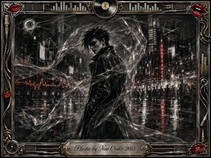 A solitary dark-clad figure stands in a rain-slicked city, wrapped by translucent plastic ribbons that swirl like frozen sound waves. Deep charcoal textures, silvery highlights, and restrained red neon create a brooding synthetic mood. An ornate chrome-and-gold music-themed frame, red lips, vinyl details, and engraved title plate complete the composition.