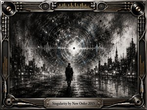 A lone figure crosses a rain-slicked futuristic city toward a brilliant cosmic singularity, surrounded by concentric rings and pulsing sound waves. Deep charcoal blacks, smoky grays, silver highlights, and faint blue accents create a haunting atmosphere. An ornate chrome-and-gold musical frame with speakers, cables, strings, and equalizer details completes the dramatic composition.