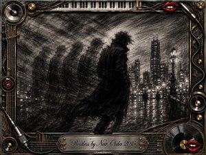 A solitary figure strides through a rain-darkened city, shadowed by ghostly echoes that suggest restless motion and inner unease. Deep feathered charcoal textures create smoky blacks and silvery grays, while blurred lights shimmer across wet streets. An ornate chrome-and-gold musical frame, accented with vivid red lips, surrounds the brooding nocturnal scene.