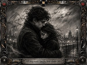 A windswept couple embraces beneath a moonlit city sky, their closeness conveying loyalty, comfort, and quiet melancholy. Deep charcoal textures, smoky grays, and luminous highlights create a dramatic, romantic atmosphere. Ornate chrome, gold, piano keys, vinyl, cables, speakers, and red lips frame the scene, with an engraved title plate below.