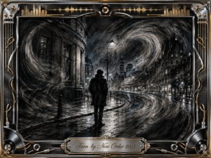 A solitary figure stands on a rain-slicked city street as swirling charcoal clouds and curved pavement suggest movement, change, and uncertainty. Deep blacks, smoky grays, silver highlights, and cool blue undertones create a nocturnal, introspective mood. An ornate chrome-and-gold musical frame surrounds the dramatic, finely textured charcoal composition.
