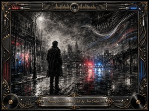 A solitary figure stands on a rain-slicked city street beneath a glowing lamp, facing distant red and blue siren lights. Deep feathered charcoal textures, smoky gray shadows, and sweeping sound-wave strokes create a tense, reflective mood. An ornate chrome-and-gold music-themed frame surrounds the cinematic scene, with an engraved title plate below.