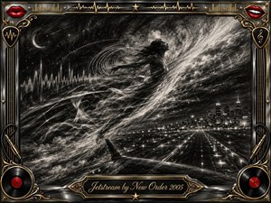 A windblown woman rises through a sweeping charcoal jetstream above a glowing nighttime city and runway, surrounded by swirling clouds, sound waves, and streaks of light. Deep blacks, silvery grays, and luminous highlights create a dramatic dreamlike mood, framed by ornate chrome, gold, vinyl records, cables, red lips, and musical motifs.