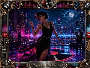 A graceful dancer moves across a glowing rooftop dance floor above a neon city skyline, framed by moonlight, musicians, and a distant embracing couple. Electric blues, magenta, violet, and warm gold create a romantic, energetic mood. The polished digital painting features vinyl grooves, sound waves, chrome ornaments, red lips, and musical hardware.