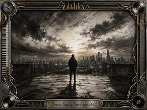 A solitary figure stands on a rain-darkened rooftop terrace, facing a distant city beneath turbulent charcoal clouds and a glowing horizon. Deep blacks, silvery grays, and restrained gold highlights create a reflective, resilient mood. An ornate chrome-and-gold musical frame features speakers, piano keys, strings, cables, equalizer details, and an engraved title plate.