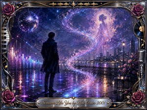 A solitary man stands on a rain-slicked terrace beneath a glowing disco ball, gazing toward an ethereal woman formed from swirling violet, blue, and pink light. The romantic digital painting blends neon city reflections, roses, music motifs, and dreamy haze, framed in ornate chrome and gold with an engraved title plate.