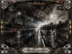 A rain-slicked nighttime highway races toward a distant city, rendered in deep feathered charcoal with silver-gray highlights, muted blue glows, and streaks of red taillights. Dramatic perspective and blurred reflections create restless momentum. An ornate chrome-and-gold musical frame, hubcap motifs, sound waves, red lips, and engraved title plate complete the cinematic composition.