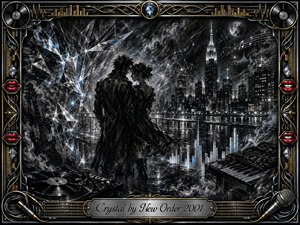 A shadowy couple stands beside a rain-glossed city waterfront, surrounded by fractured crystal light, smoky charcoal textures, glowing equalizer bars, vinyl records, and musical instruments. Silver, black, blue, gold, and vivid red accents create a romantic nocturnal mood, framed by ornate chrome details and an engraved title plate.