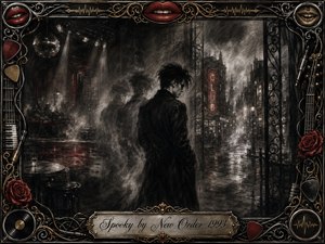 A solitary dark-clad figure stands between a smoky nightclub and a rain-slicked city street, surrounded by ghostlike shadows and drifting haze. Deep charcoal textures, silvery highlights, crimson neon, and muted gold create a mysterious nocturnal mood. An ornate musical frame of roses, lips, strings, records, and filigree completes the gothic composition.