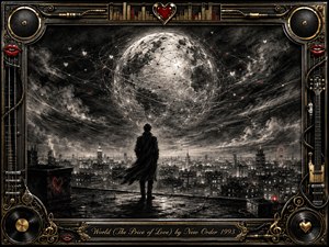 A solitary figure stands on a windswept rooftop beneath a vast cracked globe, overlooking a luminous nighttime city. Deep charcoal textures, smoky clouds, silver highlights, and restrained crimson hearts create a melancholy, reflective mood. An ornate gold-and-chrome musical frame of speakers, strings, records, cables, and red lips surrounds the dramatic composition.