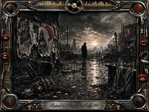 A solitary figure stands amid a rain-slicked, ruined urban terrace, surrounded by scattered roses, debris, torn walls, and distant silhouettes beneath a stormy glowing skyline. Deep charcoal blacks, smoky grays, muted reds, and metallic highlights create a melancholic cinematic mood, framed by ornate chrome, gold, musical hardware, and vivid red lips.