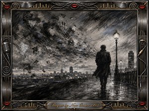 A solitary figure walks along a rain-slicked city promenade beneath glowing streetlamps, surrounded by swirling fragments of memories and shadowy faces. Deep charcoal textures, smoky grays, muted blue tones, and silver highlights create a reflective, melancholic atmosphere. An ornate metallic frame with musical motifs, red lips, gold accents, and an engraved title plate completes the composition.