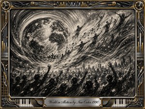 A swirling charcoal globe rises above a jubilant crowd, its sweeping curves, musical lines, and airborne figures suggesting global unity and unstoppable motion. Deep blacks, smoky grays, and silvery highlights create dramatic energy, while a detailed chrome-and-gold musical frame, piano keys, cables, speakers, and engraved title plate add polished theatrical elegance.