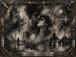 A dreamlike charcoal cityscape surrounds an intimate pair emerging from smoky shadows, their faces blending with moonlit architecture, water, and a solitary figure below. Deep blacks, silver grays, and soft highlights create a haunting romantic mood. An ornate chrome-and-gold musical frame, red lips, cables, records, and piano details complete the surreal composition.