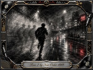 A lone figure runs through a rain-soaked industrial city at night, shadowy afterimages emphasizing urgency and motion. Deep feathered charcoal textures, silvery reflections, mist, and restrained red neon create a brooding post-punk atmosphere. An ornate chrome-and-gold music-themed frame surrounds the scene, with vinyl records, cables, equalizers, and an engraved title plate.