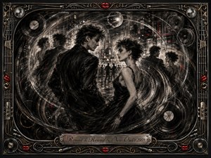 A stylish man and woman face each other in a swirling late-night city club, surrounded by ghostlike figures, vinyl circles, and sweeping charcoal motion. Smoky blacks, silvery grays, muted gold, and vivid red accents create a dramatic noir mood, framed by ornate musical details and the engraved title plate below.
