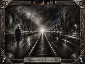 A shadowy charcoal cityscape stretches along gleaming rails toward a brilliant central vanishing point, creating a haunting sense of motion and disappearance. Silvery blacks, smoky grays, and faint blue accents surround a blurred lone figure beneath hazy moonlight. An ornate chrome-and-gold musical frame, vinyl details, strings, and engraved title plate complete the atmospheric composition.