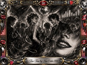 A smoky charcoal nightclub pulses with late-1980s energy as stylish dancers move beneath a mirrored disco ball and sharp stage lights. Deep blacks, silvery grays, chrome, gold, and vivid red accents create dramatic contrast. Ornate speakers, guitar strings, equalizer bars, smiling lips, and the engraved title plate frame the scene.