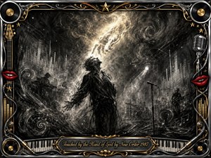 A lone figure stands in a shadowy concert space, gazing upward as a radiant celestial hand descends through swirling charcoal light. Smoky blacks, silvers, and pale gold create an intense, spiritual mood. Musicians, microphones, musical notes, and stage haze surround him, framed by ornate chrome, gold, piano keys, records, and vivid red lips.