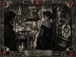 A smoky charcoal night scene captures two enigmatic figures beside a rain-slicked street, vintage convertible, glowing jukebox, and distant city lights. Deep blacks, silvery grays, and restrained crimson accents create a romantic noir mood. Feathered textures, reflected neon, musical motifs, chrome details, and ornate gold inlay enrich the dramatic decorative frame.