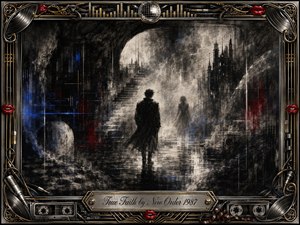 A solitary figure crosses a misty, reflective dreamscape toward pale cathedral-like towers and a glowing stairway, surrounded by smoky charcoal textures, deep blacks, silvery grays, electric blue streaks, and crimson accents. An ornate chrome-and-gold musical frame, decorated with records, cables, cassettes, red lips, and a mirrored sphere, heightens the haunting new-wave mood.