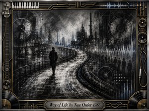 A solitary figure walks along a curving riverside path through a smoky industrial city, surrounded by ghostly silhouettes, waveforms, and circular speaker motifs. Deep charcoal blacks, silver grays, and faint blue tones create a reflective, melancholic mood. An ornate metallic music-themed frame and engraved title plate complete the textured composition.